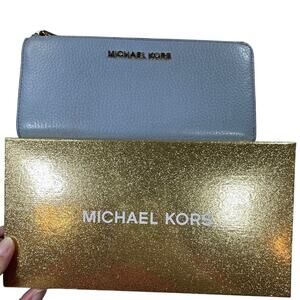 Michael Kors Adele Continental Wallet Blue Pebble Leather Gold Box